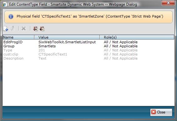 Contenttypefield properties for the SmartletListInput webcontrol